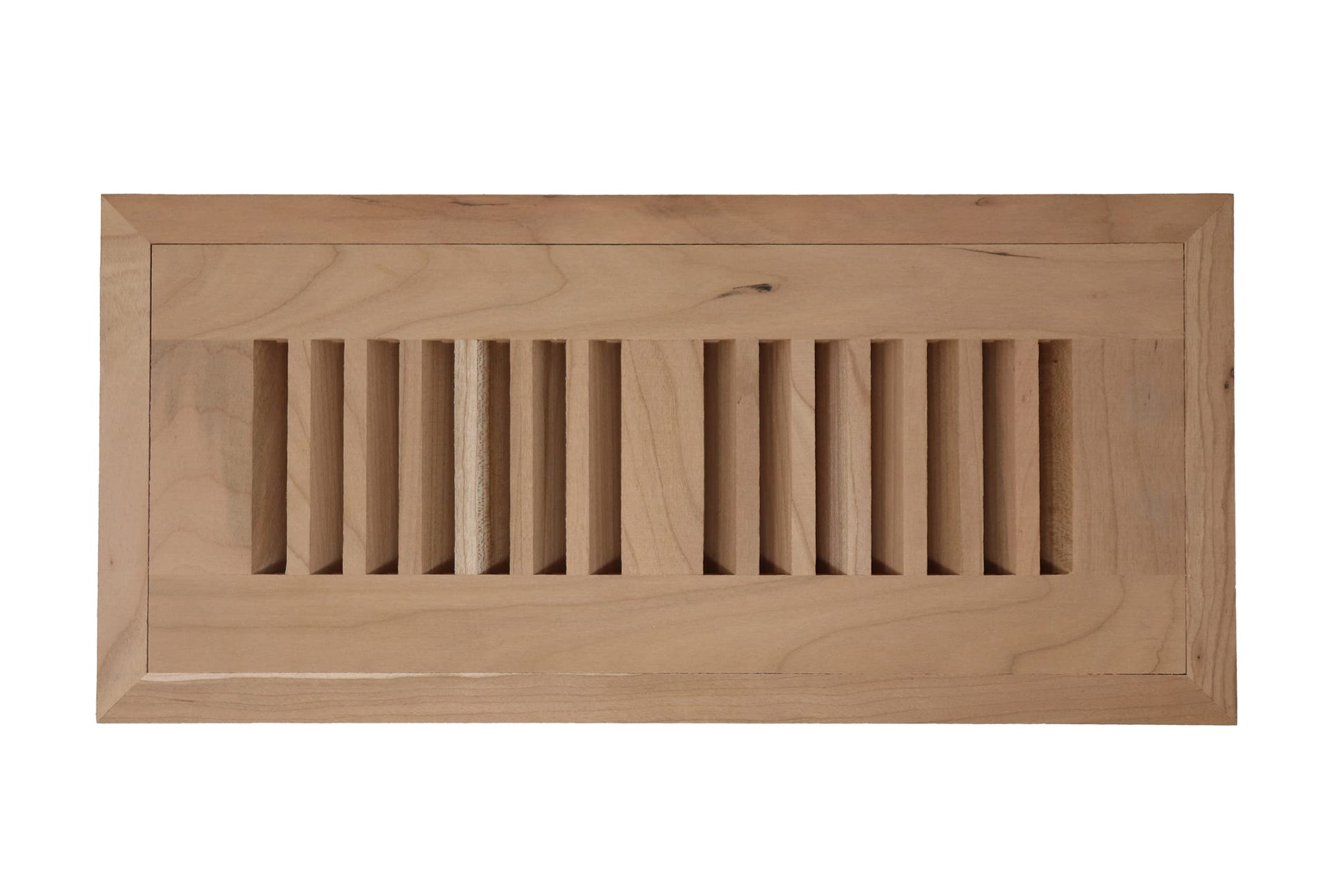 An unstained unfinished American Cherry wood floor register, flush mount vent cover with beveled bi-directional louvers.