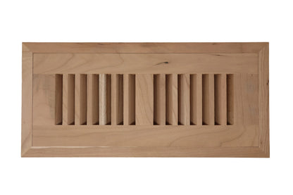 An unstained unfinished American Cherry wood floor register, flush mount vent cover with beveled bi-directional louvers.